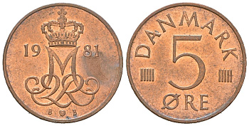 Дания 5 эре 1981 B; S, Маргрете II (1972-) KM 859 железо плакированная медью aUNC 211-237
