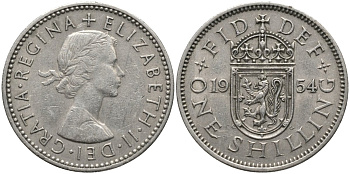Великобритания 1 шиллинг 1954 Елизавета II (1952-2022), Шотландский герб KM 905, Spink 4148 медно-никель 4171-627