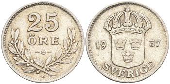 Швеция 25 эре 1937 G, Густав V (1907-1950) KM 785 серебро 4147-941