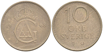 Швеция 10 эре 1968 Густав VI Адольф (1950-1973) KM 835 медно-никель UNC 187-821