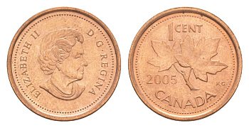 Канада 1 цент 2005 Елизавета II (1952-2022), кленовый лист KM 490 цинк плакированный медью UNC 4630-628