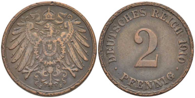 ГЕРМАНИЯ 2 ПФЕННИГА 1910 J KM 16, J. 11 медь 175-245