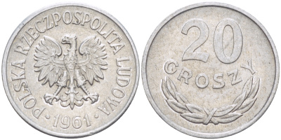 Польша 20 грошей 1961 MW KM А47, Parchimowicz 208b алюминий 216-926