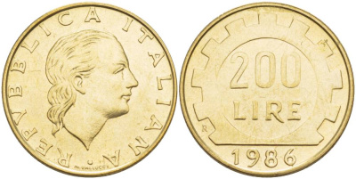 Италия 200 лир 1986 R, шестерня KM 105 алюминиевая бронза 4551-514