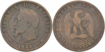 ФРАНЦИЯ 10 САНТИМОВ 1861 A, НАПОЛЕОН III (1852-1870) KM 798.1, LE FRANC 134.2 бронза 4364-4344