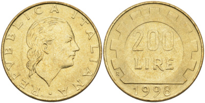 Италия 200 лир 1998 R, шестерня KM 105 алюминиевая бронза UNC 76-633