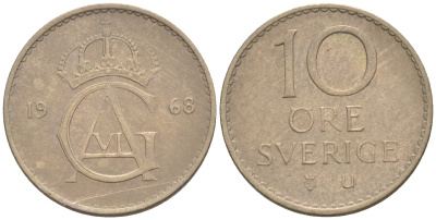 Швеция 10 эре 1968 Густав VI Адольф (1950-1973) KM 835 медно-никель UNC 187-821