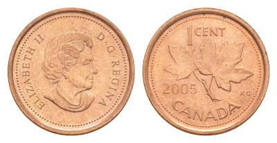 Канада 1 цент 2005 Елизавета II (1952-2022), кленовый лист KM 490 цинк плакированный медью UNC 4630-628