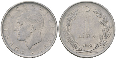 Турция 1 лира 1960 Мустафа Кемаль Ататюрк KM 889a.1 нержавеющая сталь 4584-435