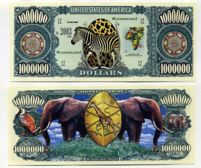 США 1000000 ДОЛЛАРОВ 2003 СУВЕНИРНАЯ БАНКНОТА, АФРИКАНСКАЯ ЗЕБРА бумага UNC (ПРЕСС) 8588-21-2-2
