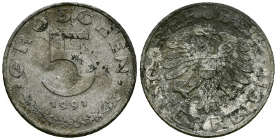 Австрия 5 грошей 1991 KM 2875 цинк 4167-234