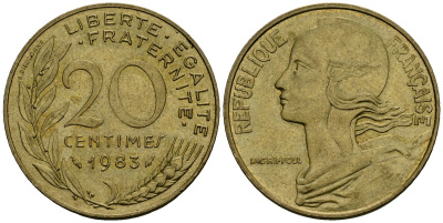 Франция 20 сантимов 1983 тип Marianne KM 930 медь алюминий никель 4135-617