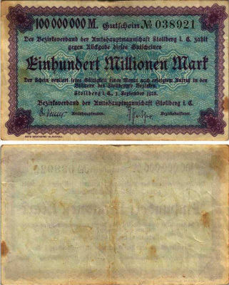 ШТОЛЬБЕРГ 100000000 МАРОК 1923 НОТГЕЛЬД, 1 СЕНТЯБРЯ 1923, ЗЕМЛЯ САКСОНИЯ-АНХАЛЬТ бумага 6318-32-3-2