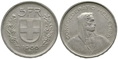 Швейцария 5 франков 1968 В, первый год KM 40а.1 медно-никель 4607-1033