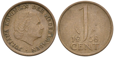 Нидерланды 1 цент 1958 Юлиана (1948-1980) КМ 180 бронза    4174-553