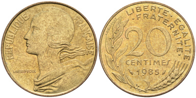 Франция 20 сантимов 1985 тип Марианна KM 930 медь алюминий никель 4116-541