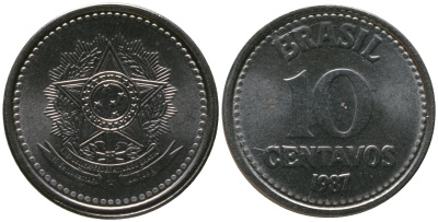 Бразилия 10 сентаво 1987 KM 602, Schon 111 нержавеющая сталь UNC 4567-957