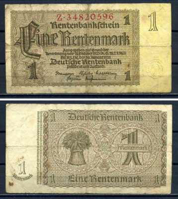 Германия 1 рентенмарка 1937 Pick 173 b бумага 8621-45-2-1