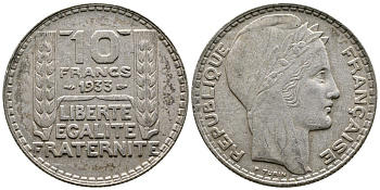 Франция 10 франков 1933 Пьер Тюрен KM 878, Le Franc 360.6 серебро 63-845