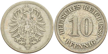 ГЕРМАНИЯ 10 ПФЕННИГОВ 1889 A, СТАРОГЕРБОВКА KM 4, J. 4, Weege 7 медно-никель 261-1234