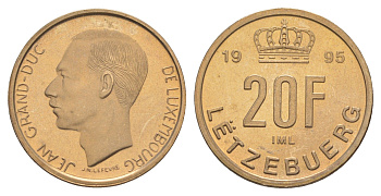 Люксембург 20 франков 1995 Великий герцог Жан (1964-2000), тираж 10.000 экземпляров KM 67 алюминиевая бронза BU 4178-745