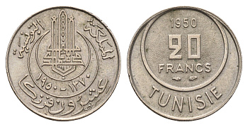 Тунис 20 франков 1950 KM 274 медно-никель 24-727