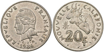 Французская Новая Каледония 20 франков 1986 три быка, (IEOM) KM 12, Schoen 14, Lec 112 никель 4123-712
