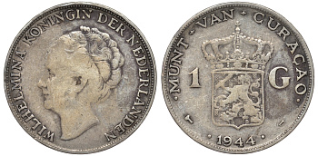Нидерландское Кюрасао 1 гульден 1944 D, Вильгельмина (1890-1948) KM 45 серебро 36-246