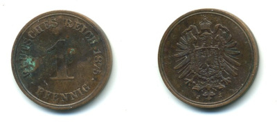 ГЕРМАНИЯ 1 ПФЕННИГ 1875 J, СТАРОГЕРБОВКА KM 1, J. 1 медь 54-118