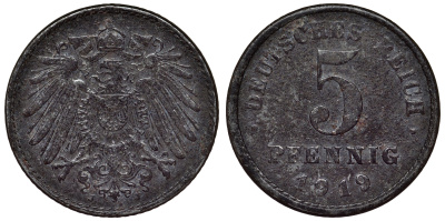 Германия 5 пфеннигов 1919 J KM 19, J. 297, Weege 5 железо 4118-1136