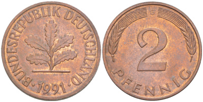 ФРГ 2 ПФЕННИГА 1991 G KM 106а, J. 381а сталь плакированная сталь плакированная медьюю 4181-857