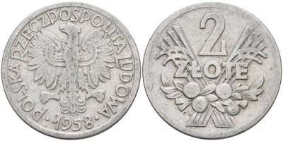 Польша 2 злотых 1958 MW KM 46, Parchimowicz 216a алюминий 4593-311