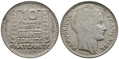 Франция 10 франков 1933 Пьер Тюрен KM 878, Le Franc 360.6 серебро 63-845