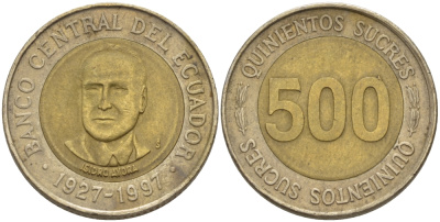 ЭКВАДОР 500 СУКРЕ 1997 ИЗИДРО АЙОВА, 70 ЛЕТ ЦЕНТРАЛЬНОМУ БАНКУ KM 102 биметалл 31-435