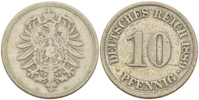 ГЕРМАНИЯ 10 ПФЕННИГОВ 1889 A, СТАРОГЕРБОВКА KM 4, J. 4, Weege 7 медно-никель 261-1234