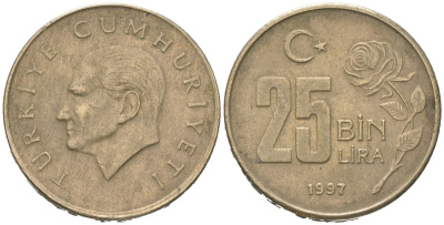 Турция 25000 лир 1997 KM 1041 медь цинк никель 4582-511