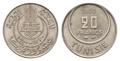 Тунис 20 франков 1950 KM 274 медно-никель 24-727