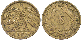 Германия 5 рейхспфеннигов 1925 G KM 39, J. 316 алюминиевая бронза 4602-1241