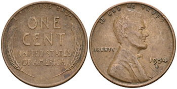 США 1 цент 1954 D, Линкольн KM А132 медь цинк 4115-817