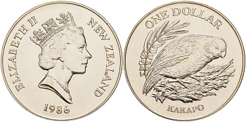Новая Зеландия 1 доллар 1986 птица какапо, Елизавета II (1952-2022) KM 57 медно-никель UNC 61-1032