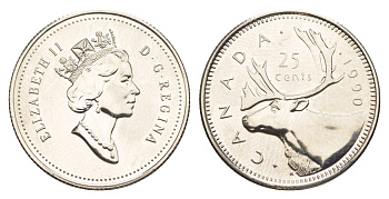 Канада 25 центов 1990 Елизавета II (1952-2022), олень KM 184 никель PROOF-LIKE (BU) 4638-537