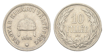 Венгрия 10 филлеров 1893 KB, Франц Иосиф I (1848-1916) KM 482 никель 4665-714