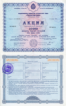 Россия обыкновенная акция в 10000 рублей Акционерное общество открытого типа "Челныгорстрой" 1994    бумага   8804-160-1