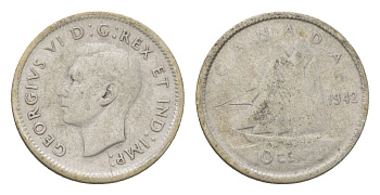 Канада 10 центов 1942 Георг VI (1936-1952) KM 34 серебро 4623-861