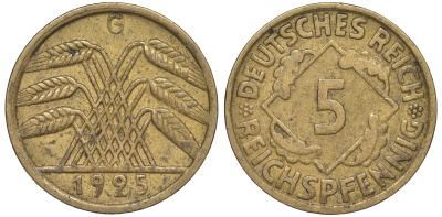 Германия 5 рейхспфеннигов 1925 G KM 39, J. 316 алюминиевая бронза 4602-1241