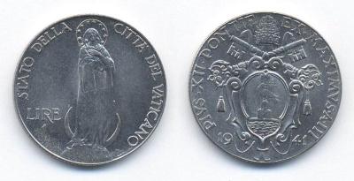 Ватикан 1 лира 1941 Пий XII, Дева Мария KM 26 a сталь UNC 41-415