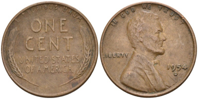 США 1 цент 1954 D, Линкольн KM А132 медь цинк 4115-817