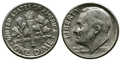 США 10 ЦЕНТОВ = 1 ДАЙМ 1983 D, РУЗВЕЛЬТ KM 195a медь плакированная медно-никелем 4383-1112