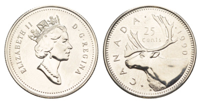 Канада 25 центов 1990 Елизавета II (1952-2022), олень KM 184 никель PROOF-LIKE (BU) 4638-537