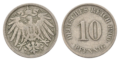 Германия 10 пфеннигов 1900 J, Вильгельм II (1888-1918) KM 12, J. 13 медно-никель 4636-816